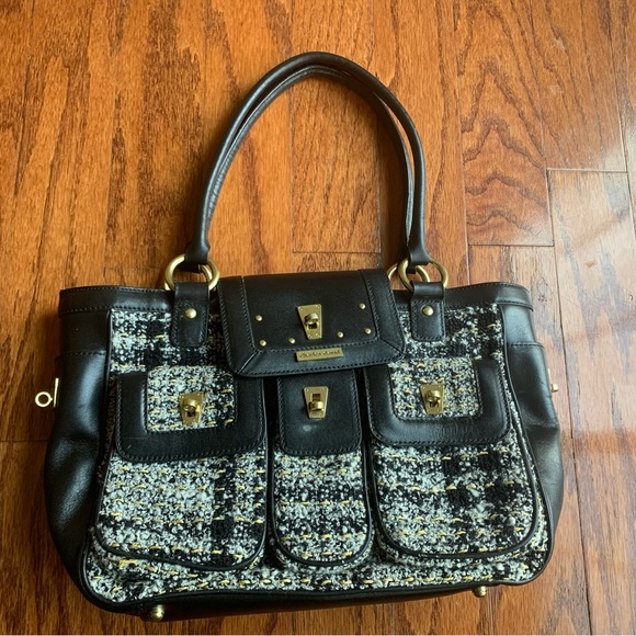 CHARLES DAVID Black Leather Tweed Handbag Shoulder Bag - Picture 1 of 3